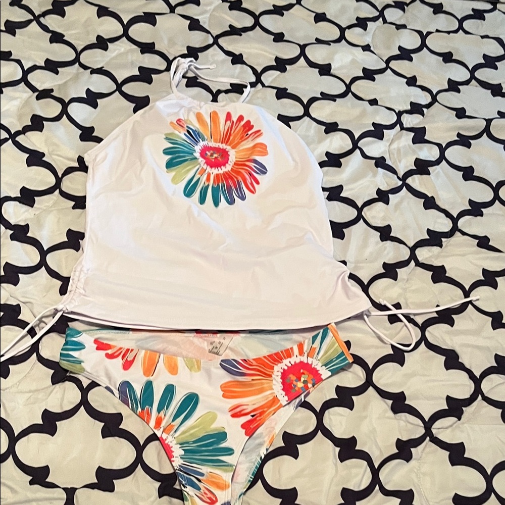 SHEIN White Floral Rainbow Tankini Bikini Set